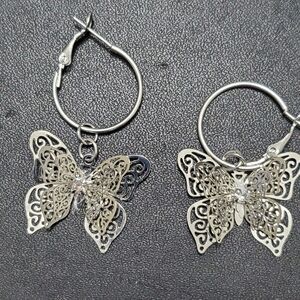 *Sale* Silver tone butterfly on hoops earrings
